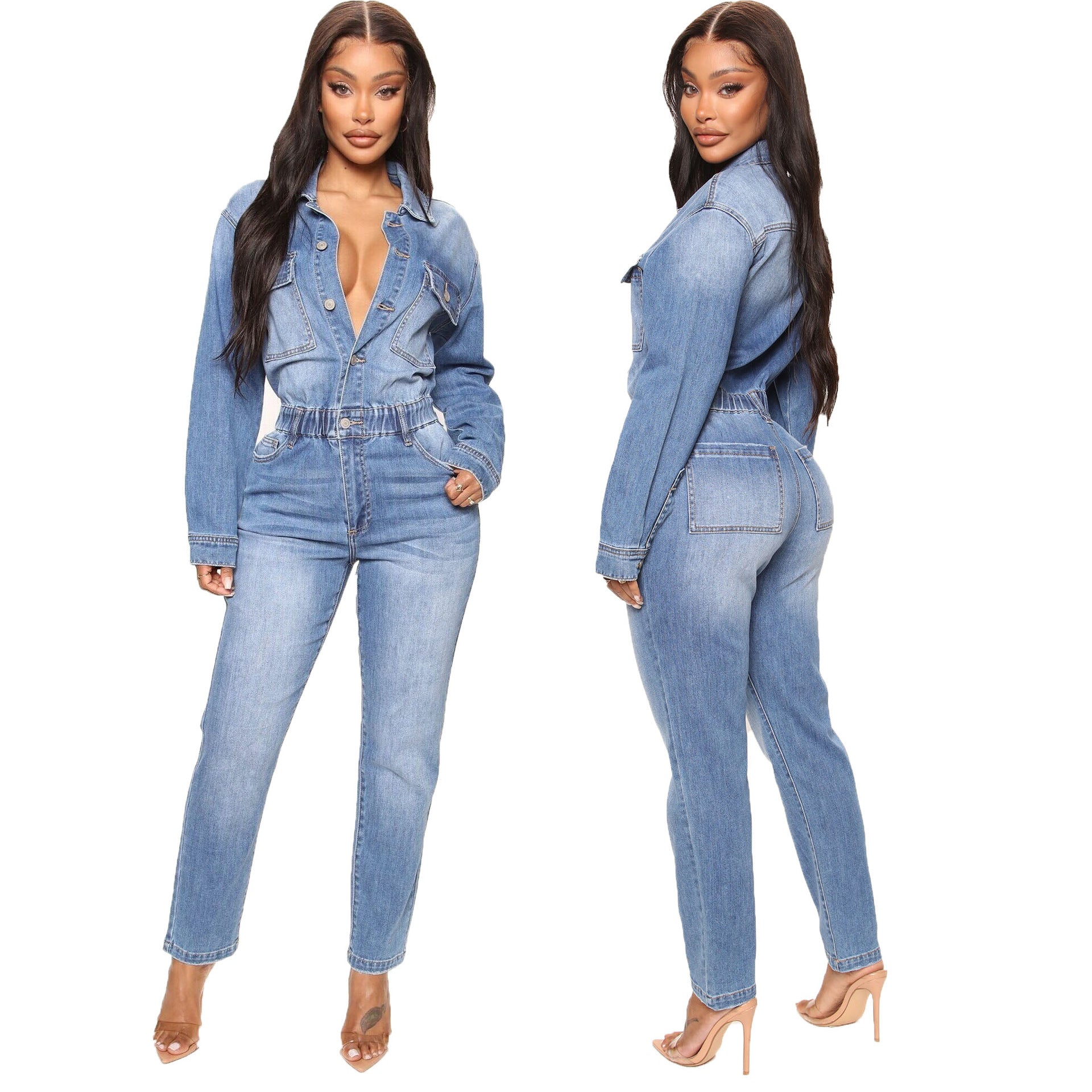 Women Long Sleeve Denim Jumpsuit