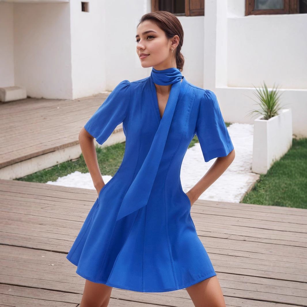 Blue V-Neck A-Line Mini Dress 8