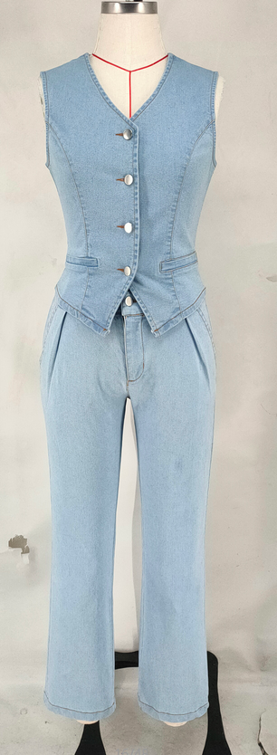 Women Denim V-Neck Sleeveless Top and Pants Two Piece 6