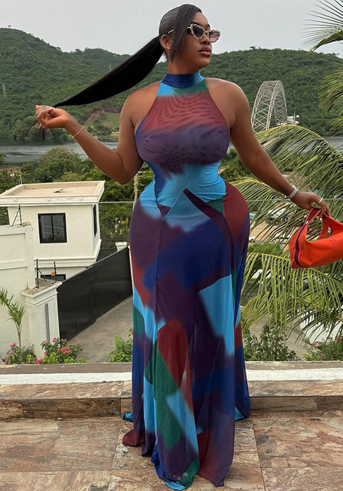 Women's Fashion Print Halter Low Back Sleeveless Color Matching Maxi Dress