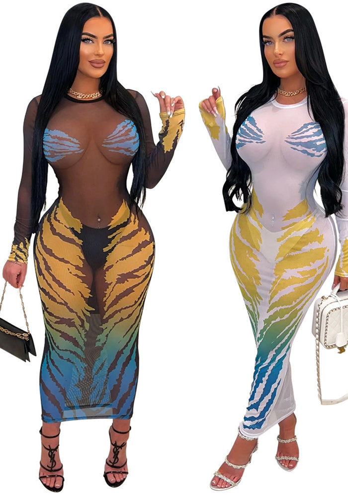 Women Fashion Round Neck See-Through Print Mesh Dress