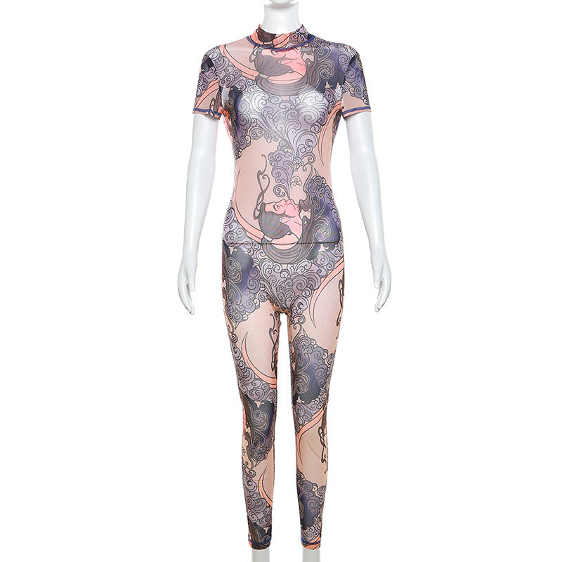 Summer Women's Sexy See-Through Mesh Print Hollow Low Back Tight Fitting Casual Jumpsuit 9
