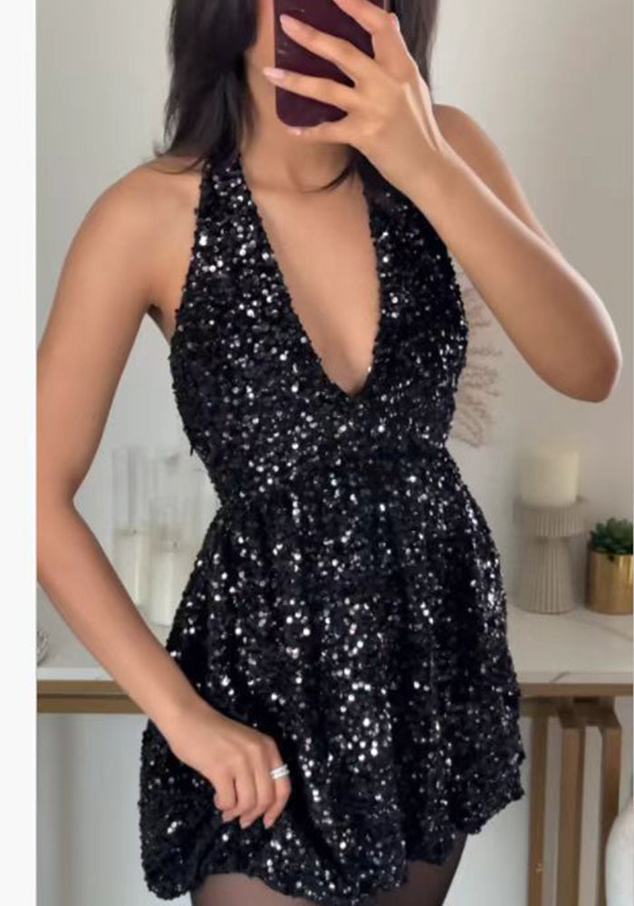 Women Halter Neck V-neck black sexy dress
