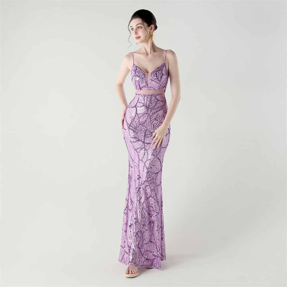 Women tulle Patchwork cross Lace-Up sequined Formal Party evening dress 15