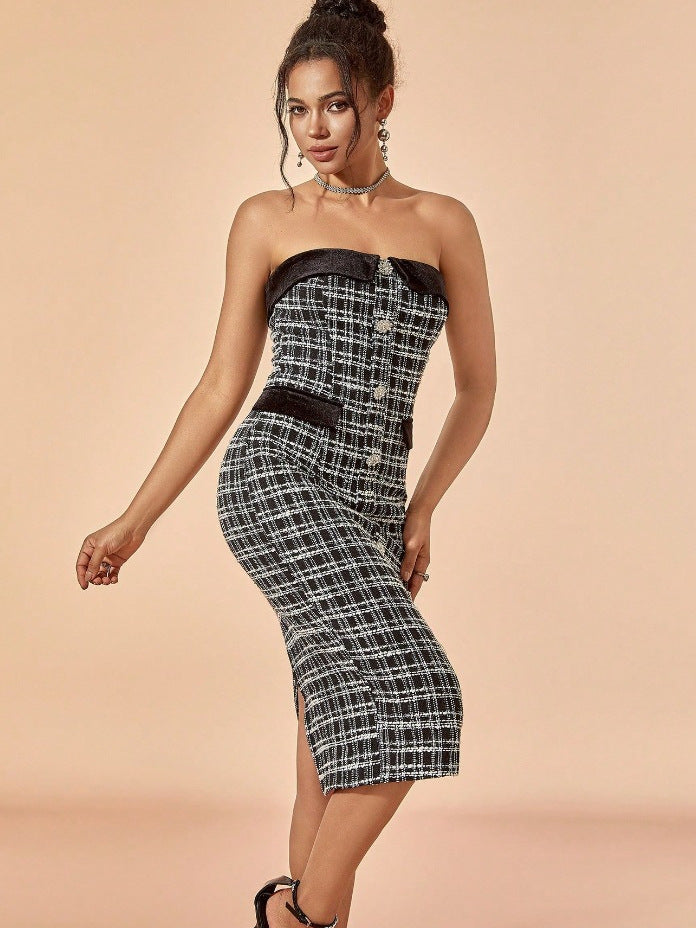 Women Strapless plaid button Career Bodycon elegant Maxi Dress 6