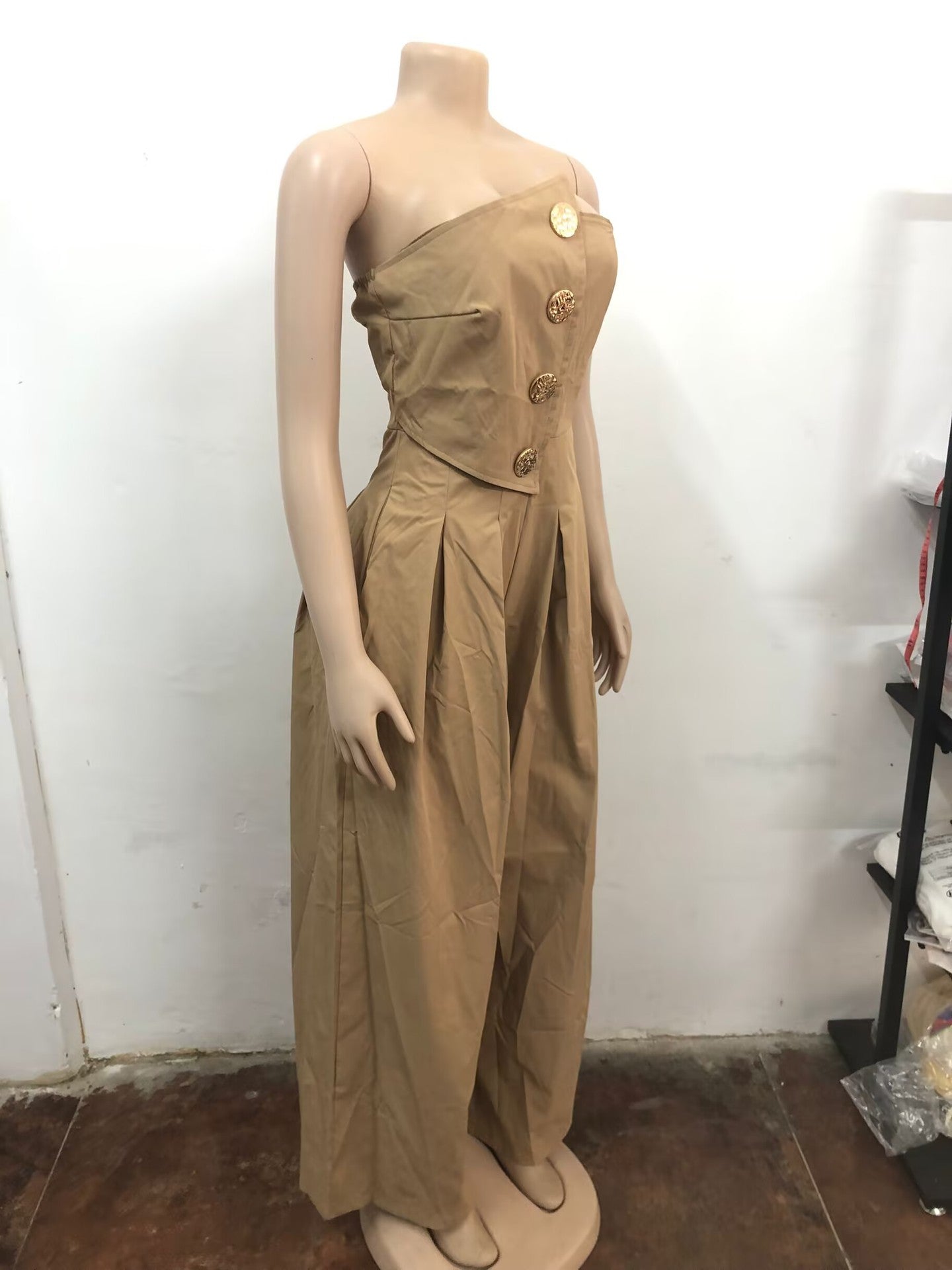 Women Style Strapless Large Button Sleeveless Wide-Leg Jumpsuit 7