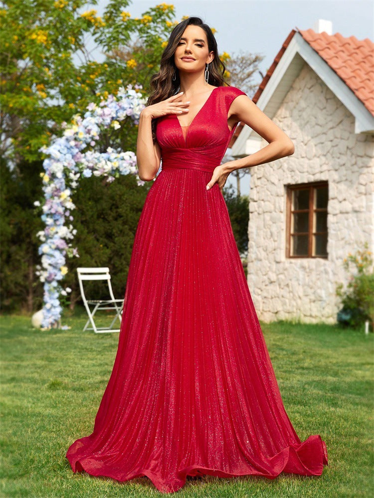 Women v-neck sleeveless red bridesmaid evening dress 3