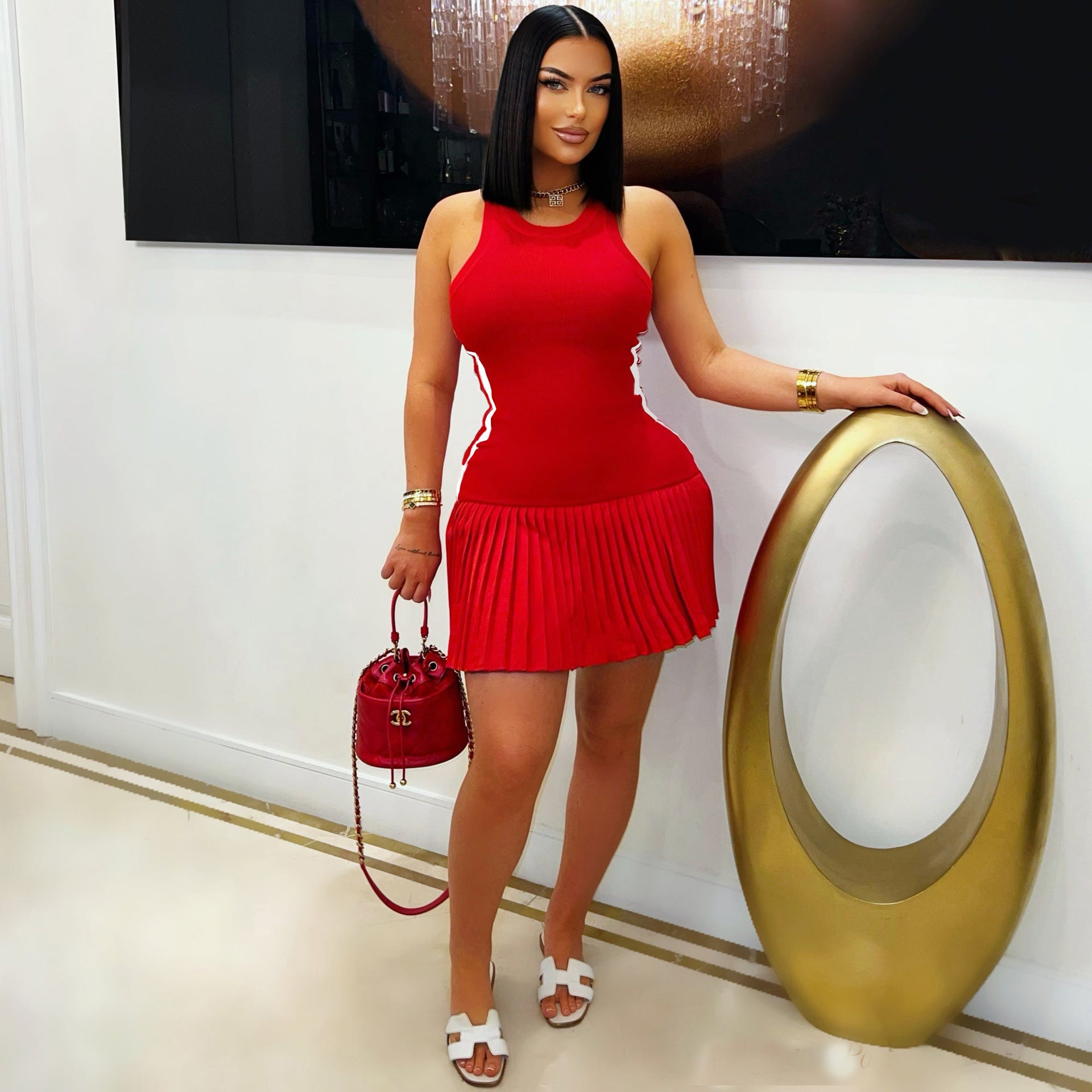 Women Summer Ribbed Casual Sleeveless Pleated Dress 3