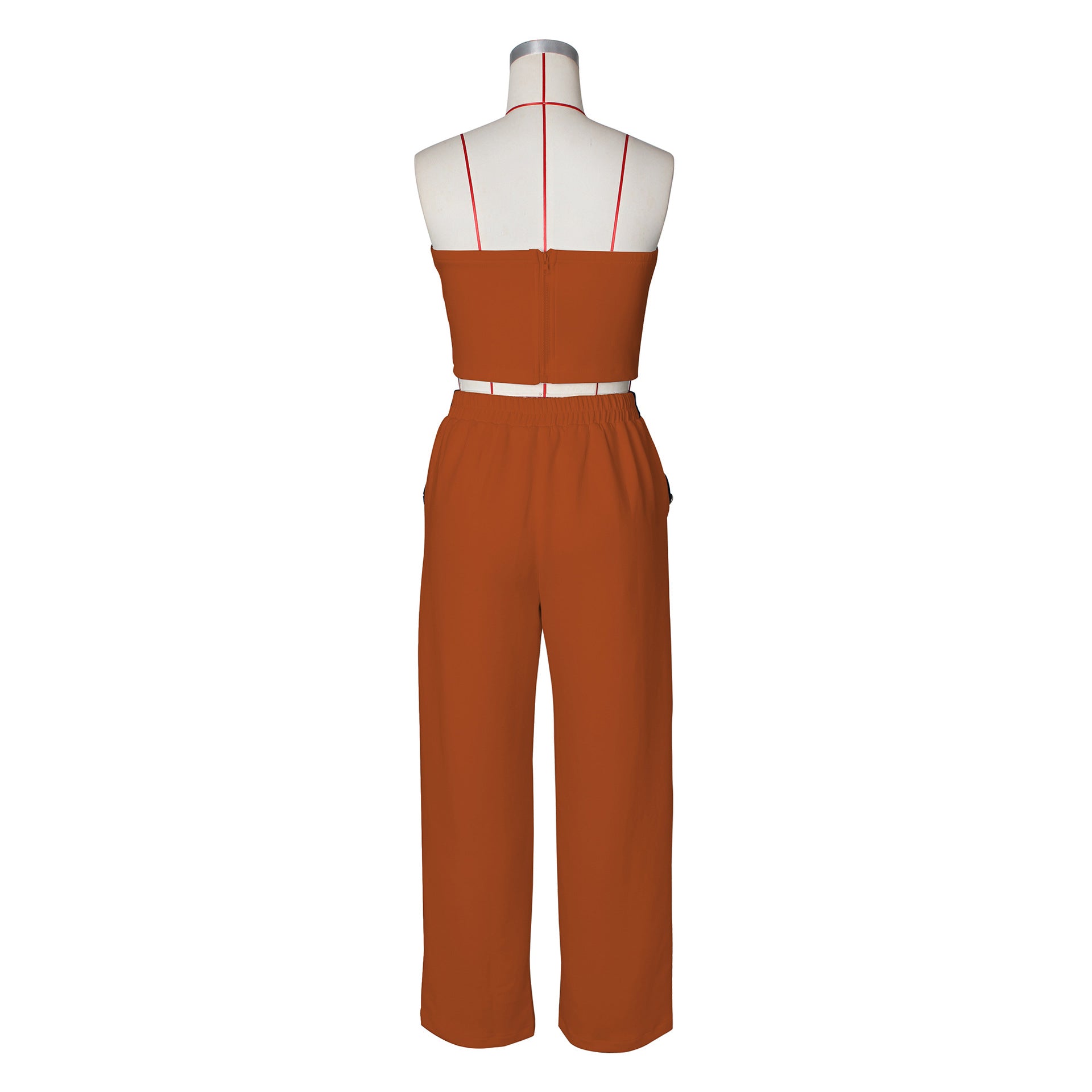 Sexy Color Blocked Decorative Button Straight High Waist Wide Leg Women's Pants Set 26