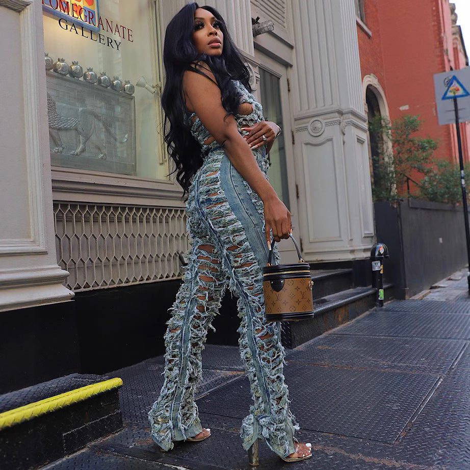 Women Denim trend Style worn Top and slit Pants two-piece set 3