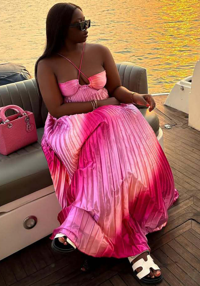 Women Spring Strapless Lace Pleated Dress