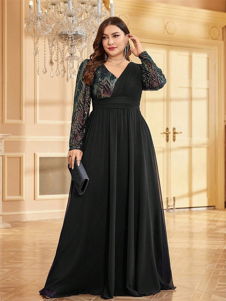 Plus Size Women sequin patchwork formal party fishtail maxi long sleeve evening dress