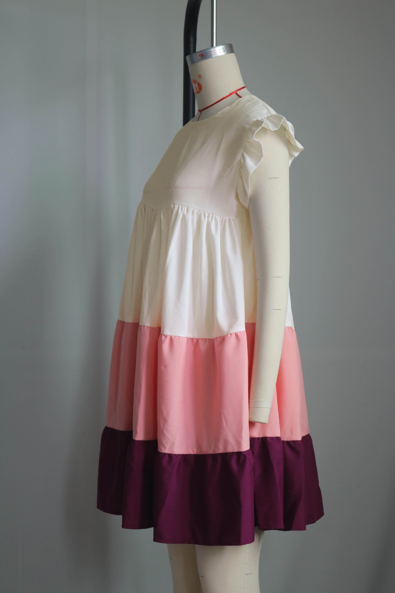 Women's Round Neck Ruffle Sleeve Contrast Patchwork Oversized Swing Dress 6