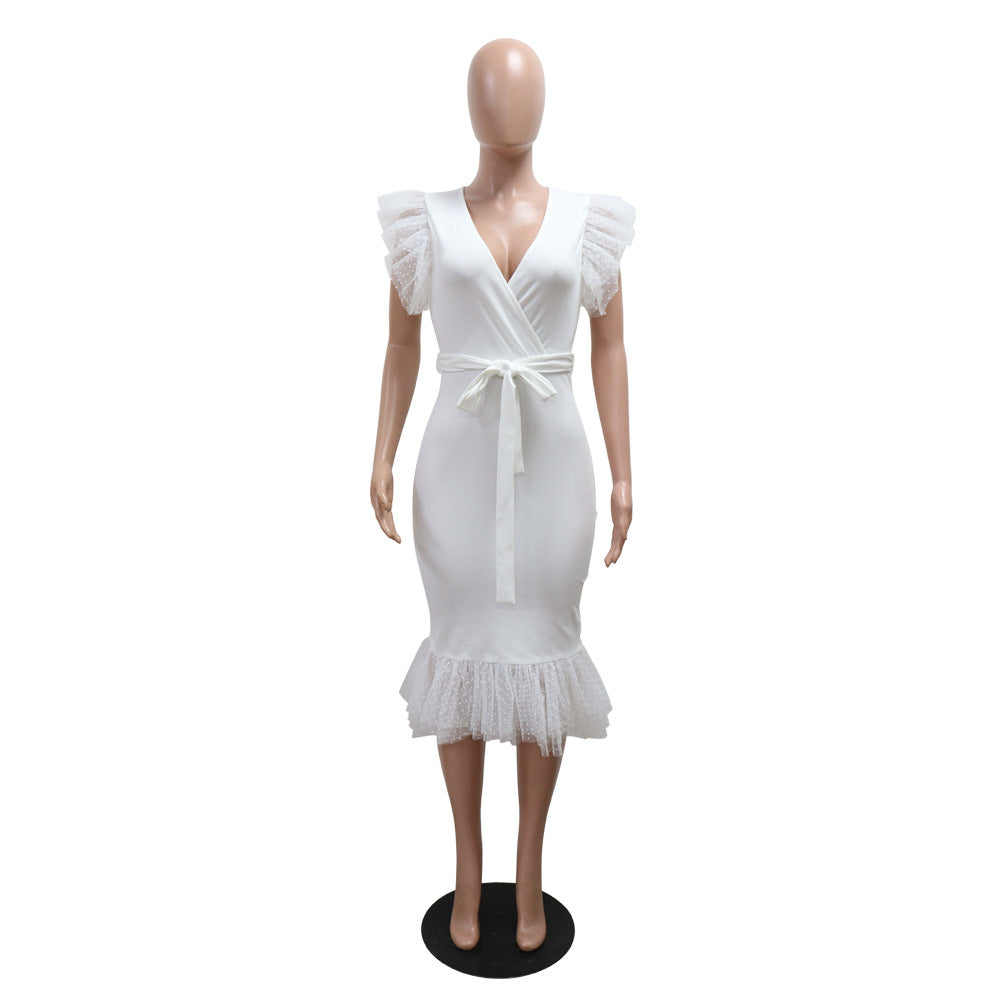 Women Sexy V-Neck Solid Bodycon Pleated Dress 8