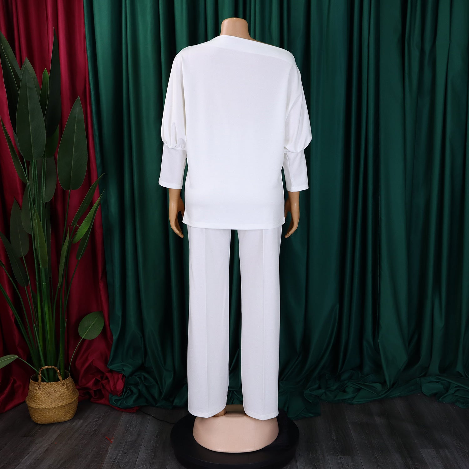 Women's Fall Fashion Solid Color Slash Shoulder Top Wide Leg Pants African Suit 10