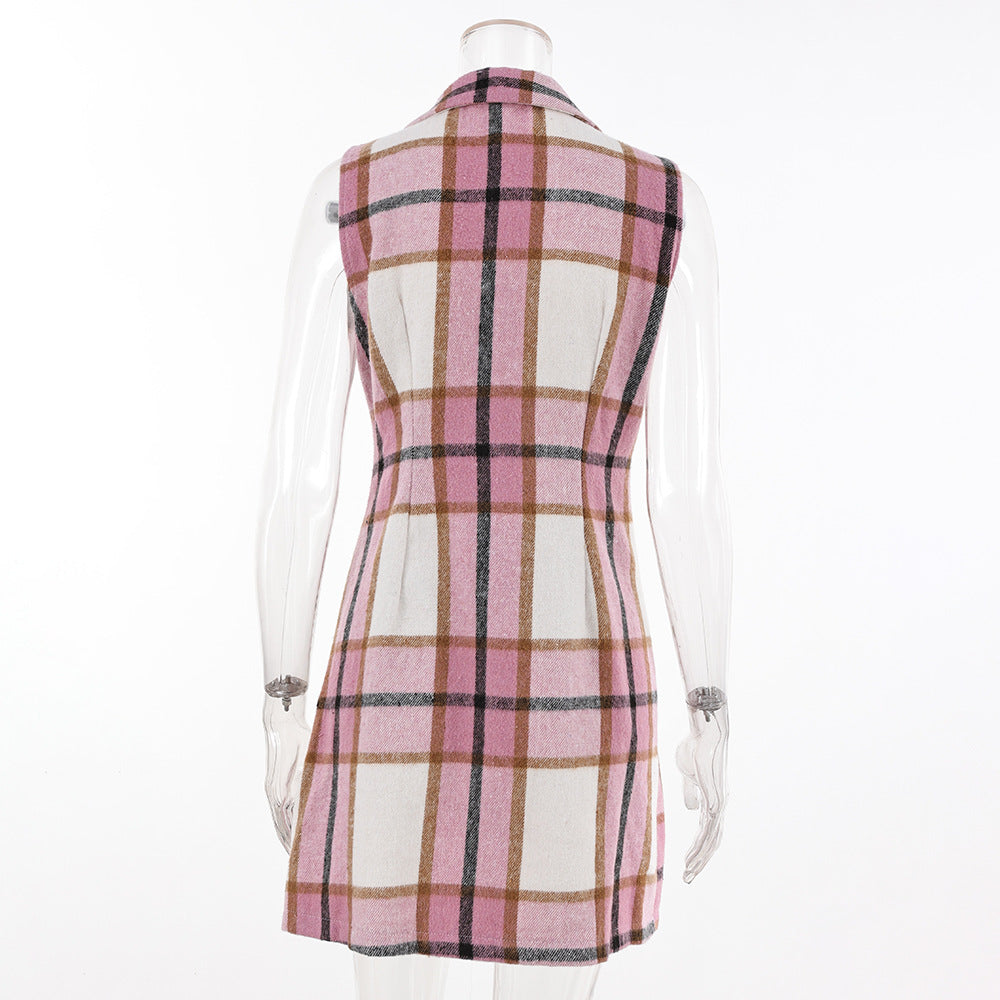 Women's Fashion Plaid Long Vest Turndown Collar Sleeveless Blazer 27