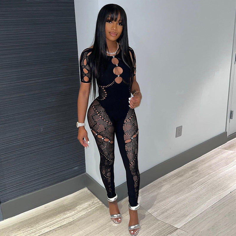Women's Solid Color Halter Neck Short Sleeve Hollow Diamonds Sexy Slim High Waist Lace Jumpsuit 3