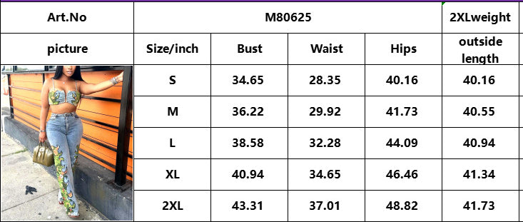 Women Sexy Floral Stretch Wrap Top and Denim Pants Two-Piece Set 12
