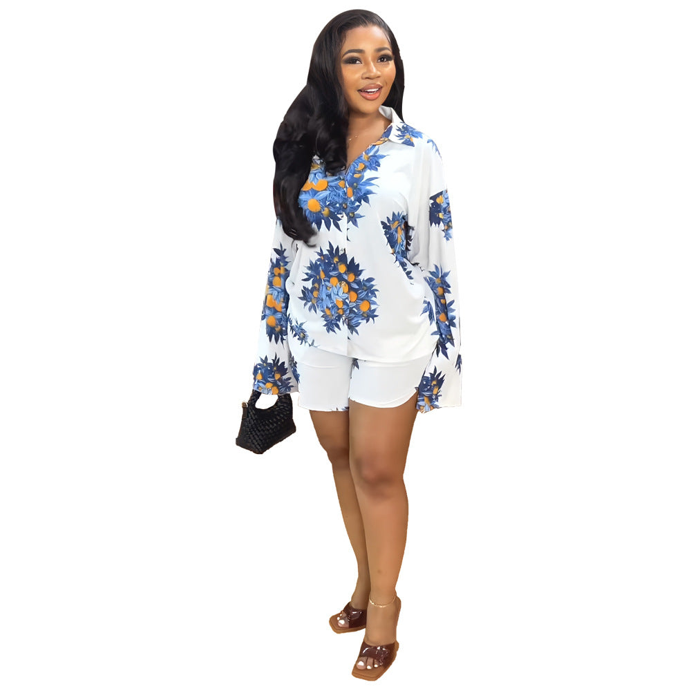 Printed Long Sleeve Shirt Shorts Spring Summer Casual Set Career Women's Two-Piece Set 7