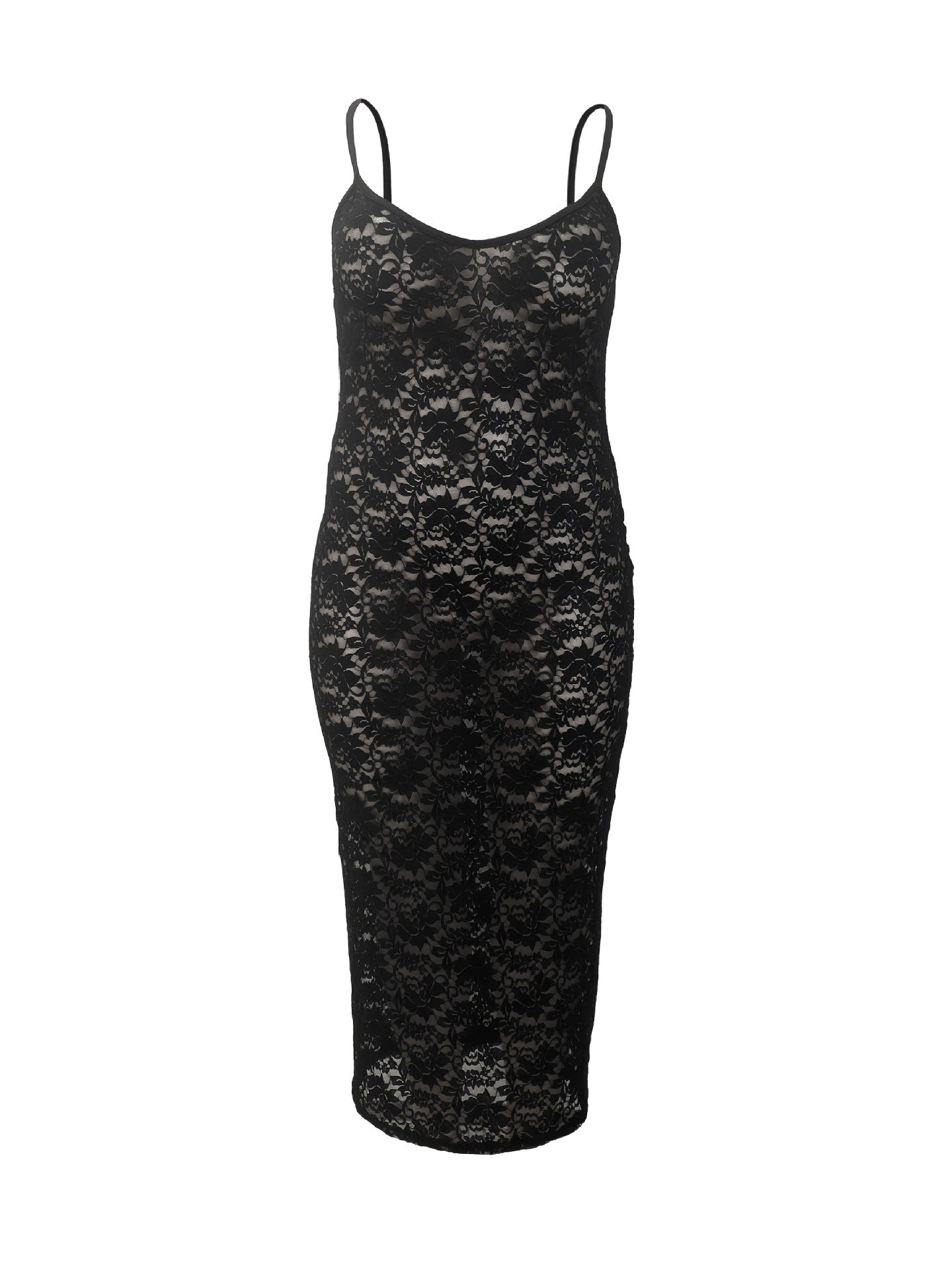 Plus Size Women's Spring/Summer Sexy Solid Color Lace Slim Waist Bodycon Strap Dress 5