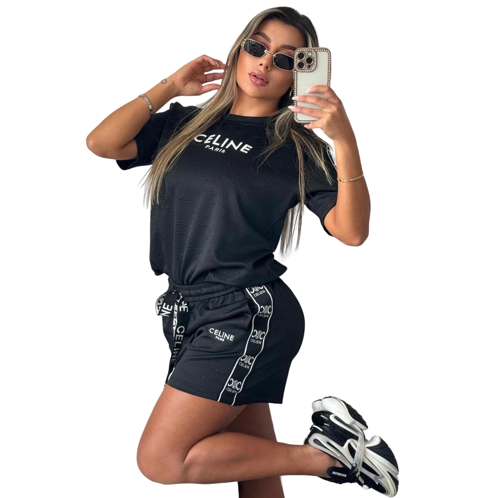 Summer Fashion Women's Jacquard Embroidered Short Sleeve Multi-Color Belt Sports Shorts Set 5