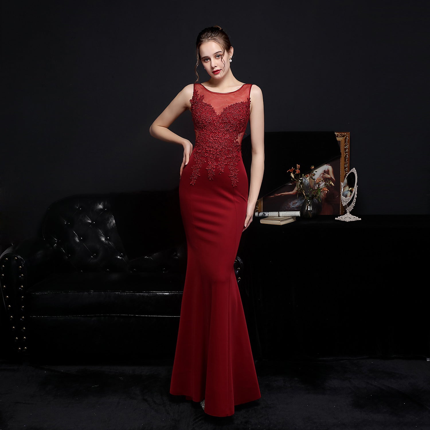 Women Lace Rhinestone Fishtail Evening Dress 7