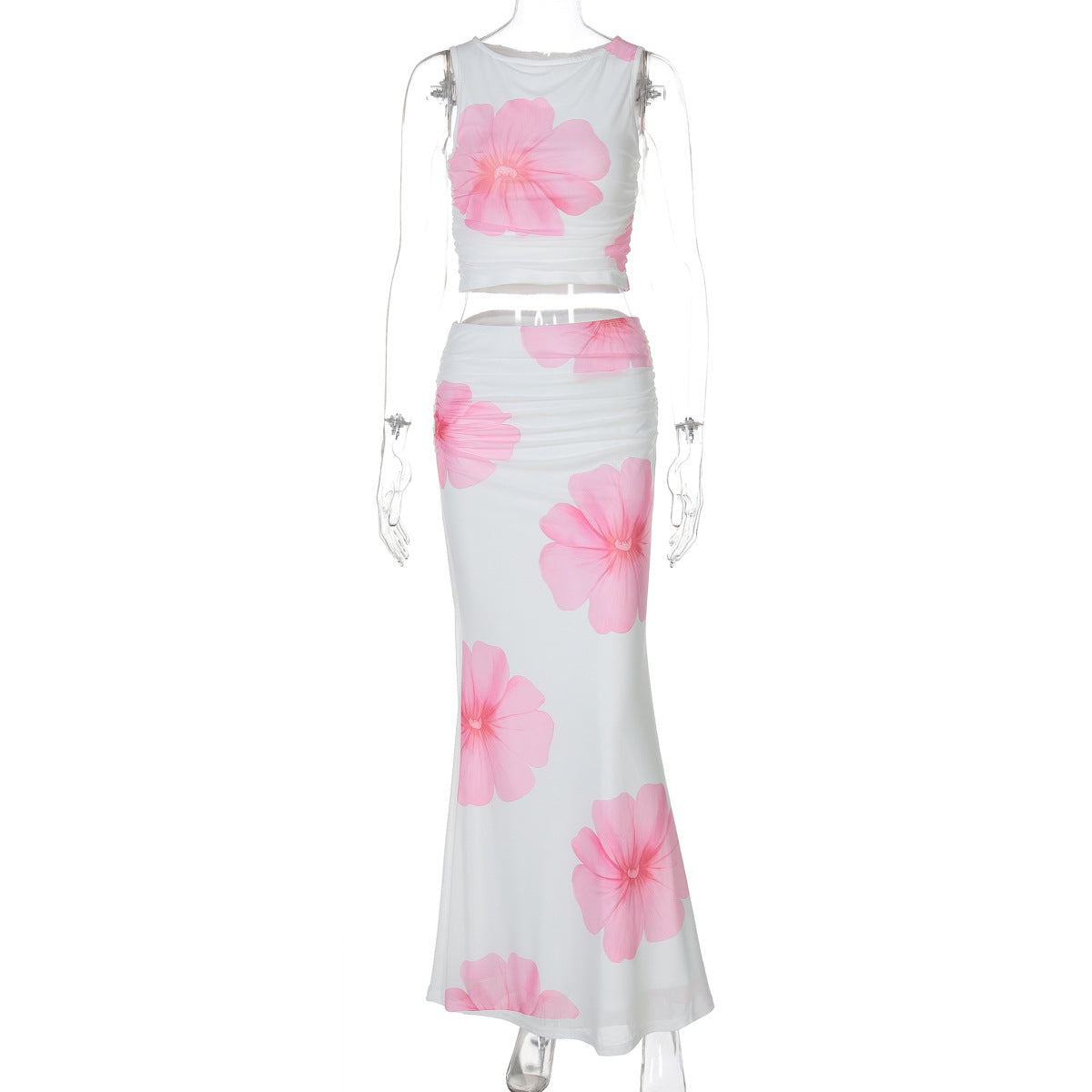 Women's Summer Mesh Patchwork Fashion Print Sleeveless Top & Skirt Set 9