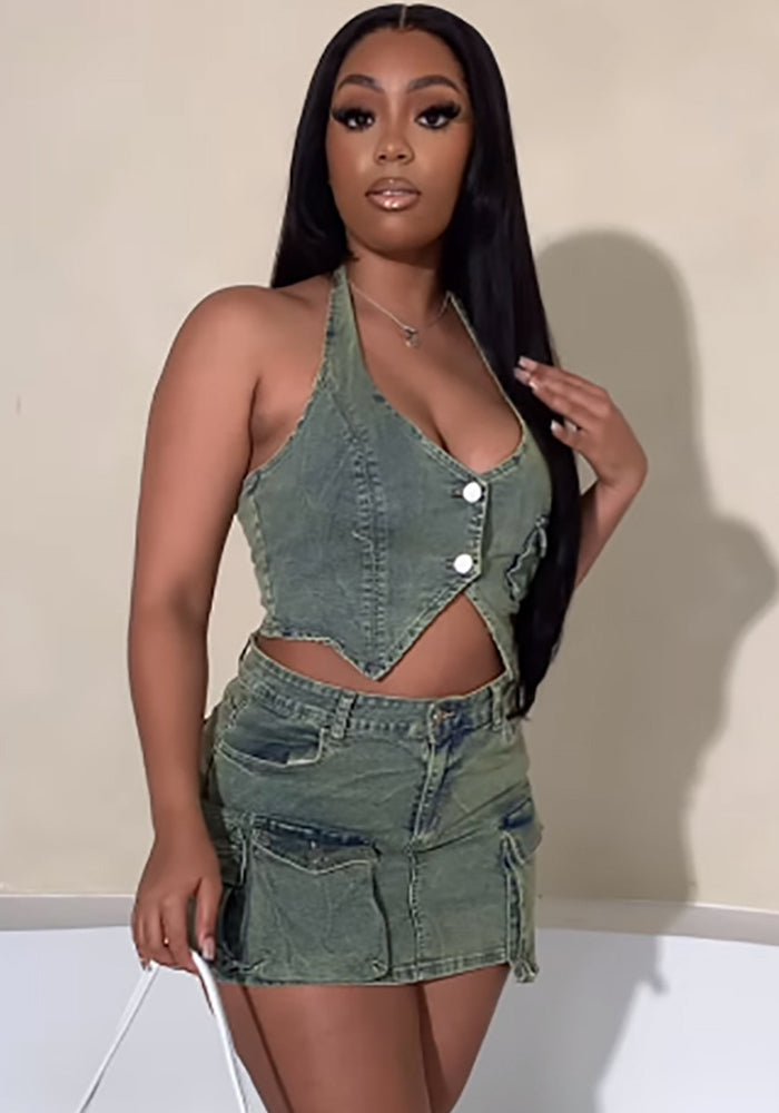 Women suspenders Top and pocket Denim Skirt two-piece set