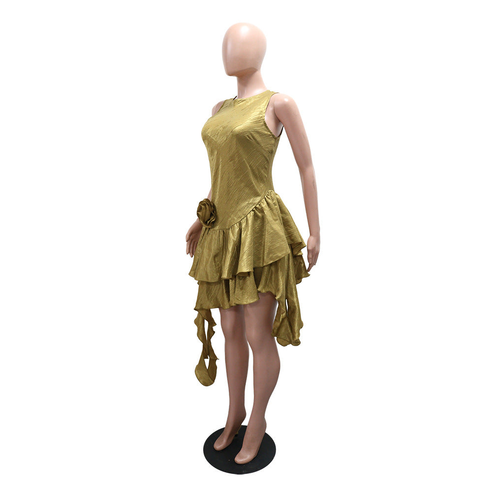 Round Neck Glitter Crinkle Irregular Solid Color Dress 10