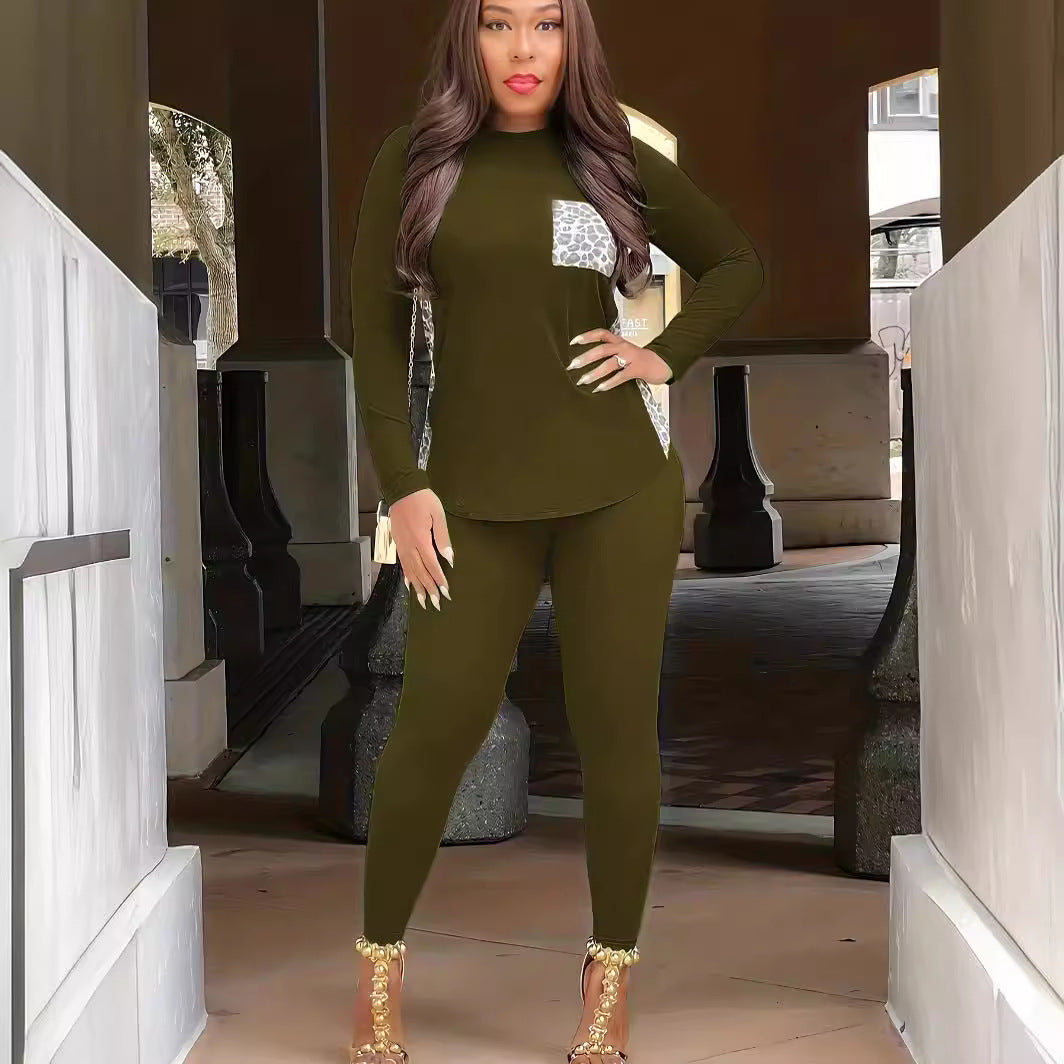 Women Leopard Patchwork Casual Round Neck Top and Pants Two-piece Set 8