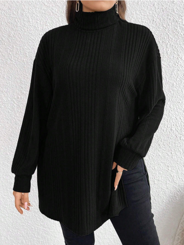 Plus Size Women High Neck Slit Knitting T-Shirt