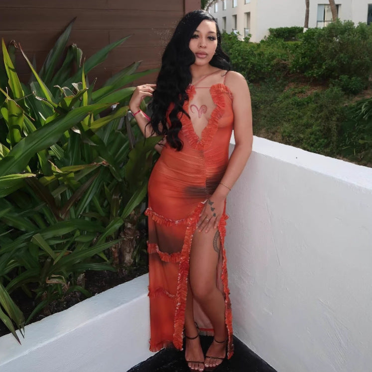 Women's Strap Hollow Lace Slit Dress 5