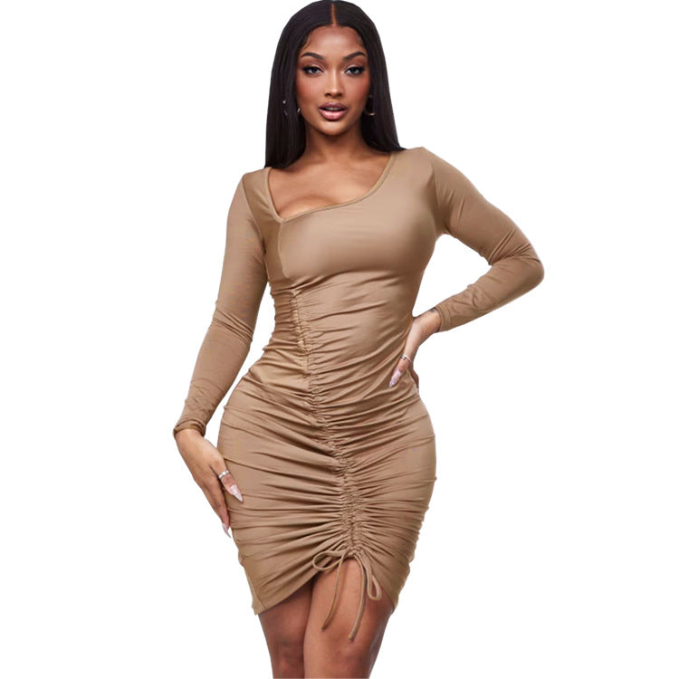Women drawstring Slash Shoulder Bodycon Dress 7