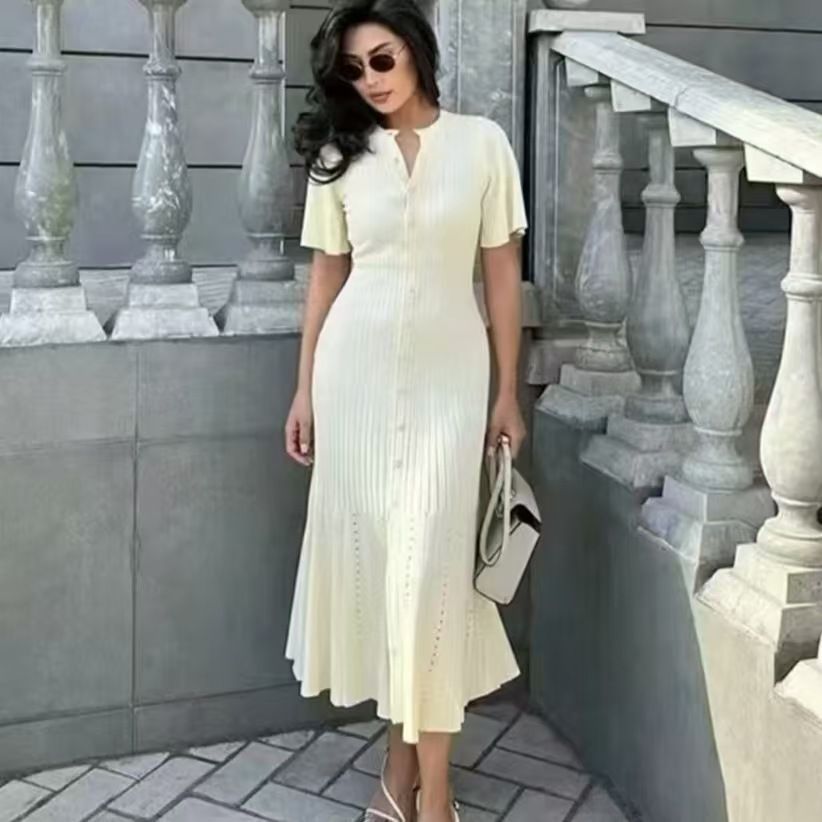 Women Bell Bottom Sleeve Knitting Round Neck Dress 9