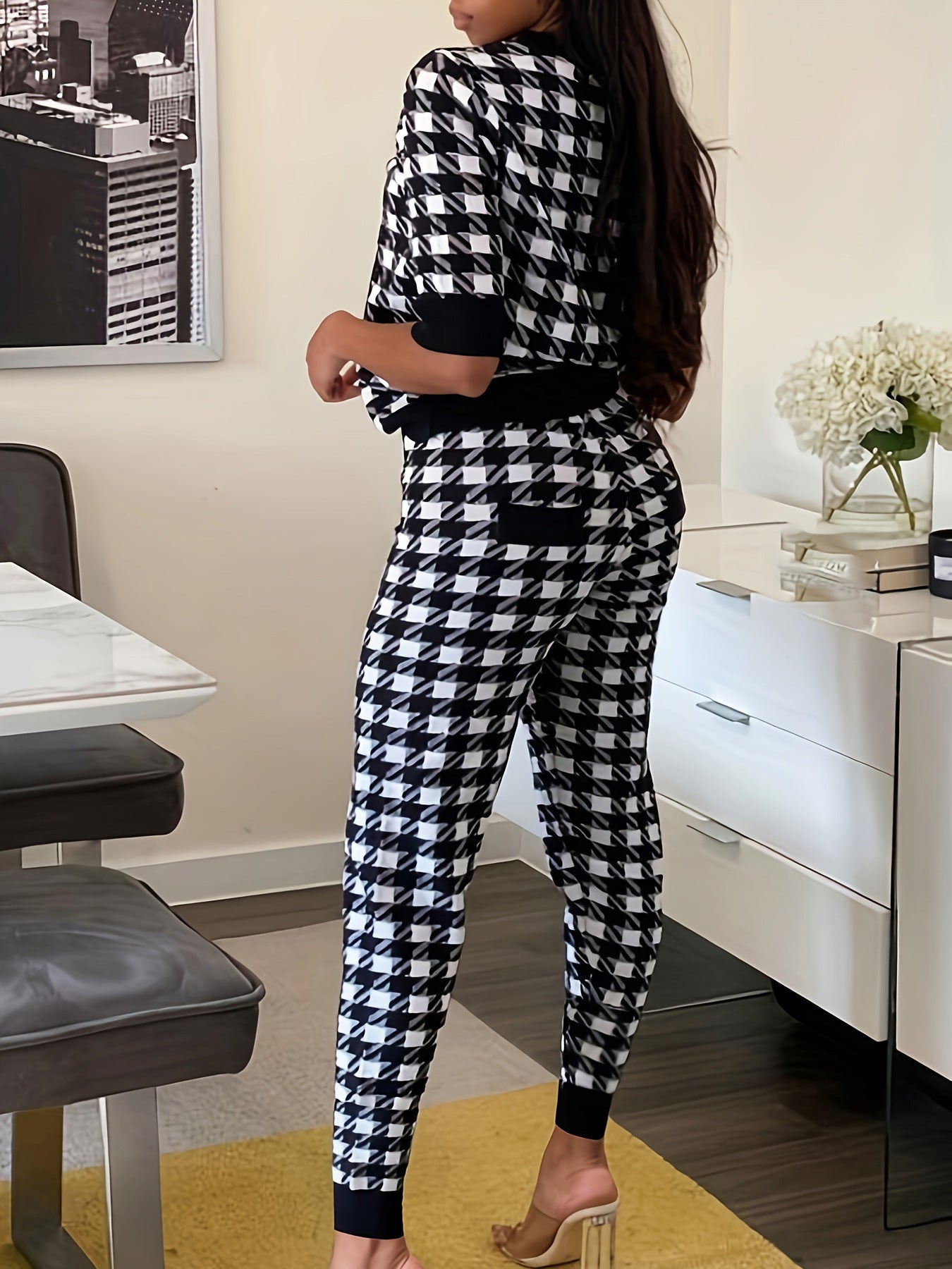 Fashionable Casual Black And White Plaid Sports Two Piece Pants Est