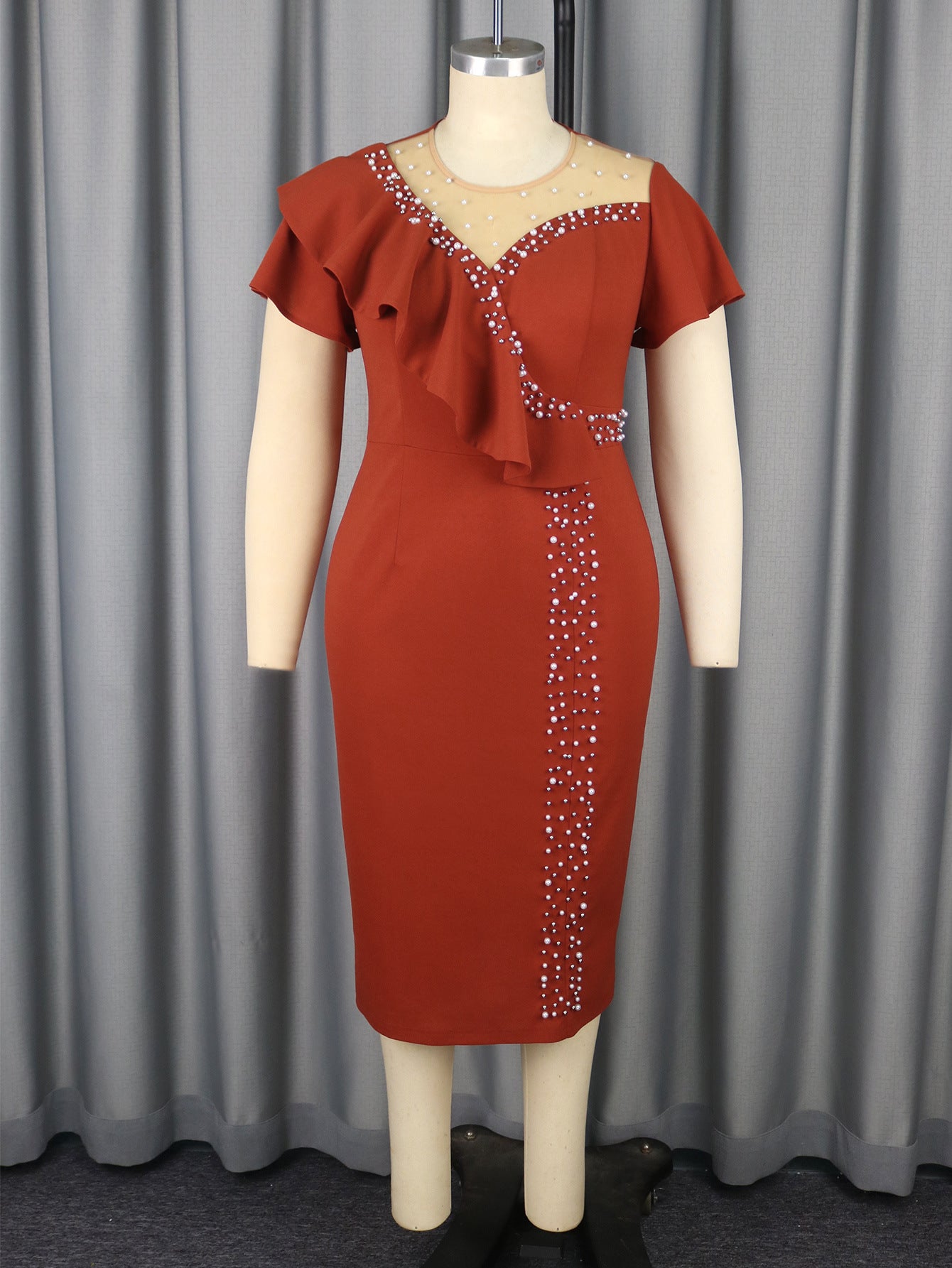 Women Round Neck beaded ruffle Formal Party Bodycon Dress 4