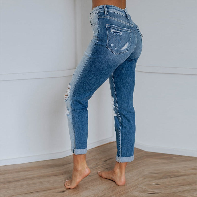 Women Ripped Washed Gradient Denim Pants 4