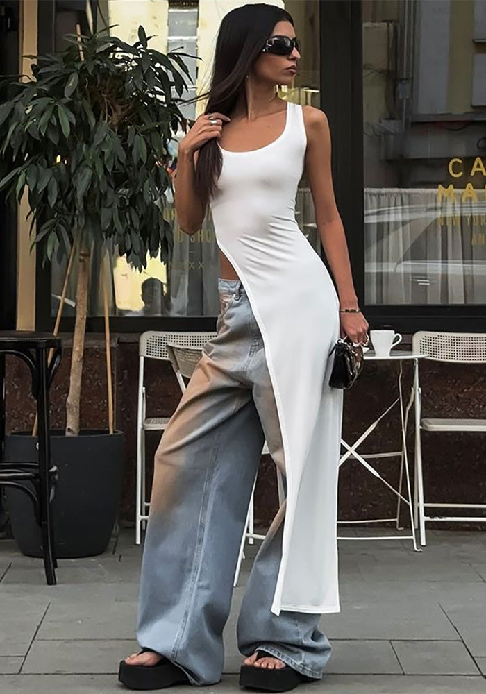 Women's Summer Fashion Style Slim Wide Strap U Neck Slit Long Dress