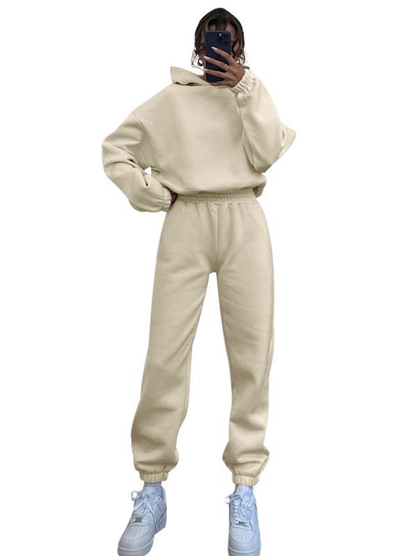 Women Solid Long Sleeve Hoodies and Casual Pants Two-piece Set 12