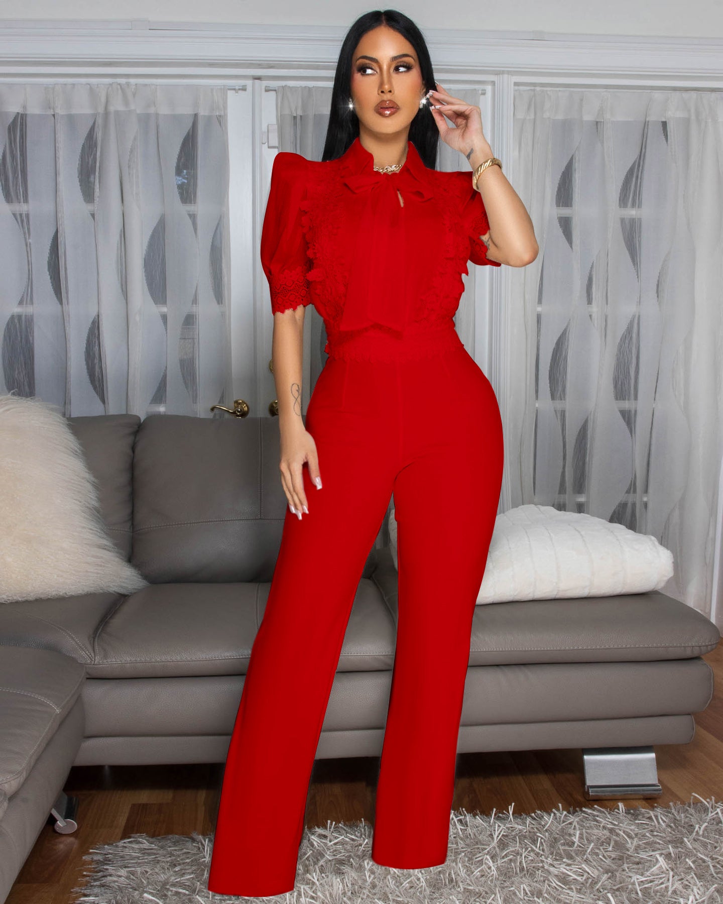 Women Elegant Style Lace Patchwork Lace-Up Wide-Leg Jumpsuit