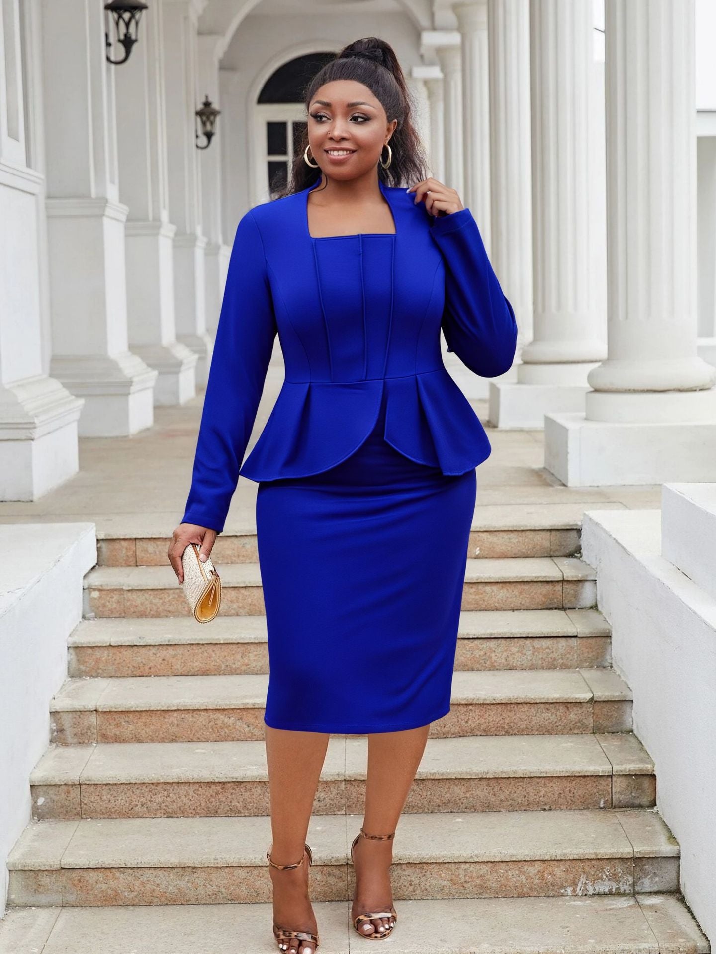 Plus Size Women deep U-neck long sleeve ruffled bodycon dress 5