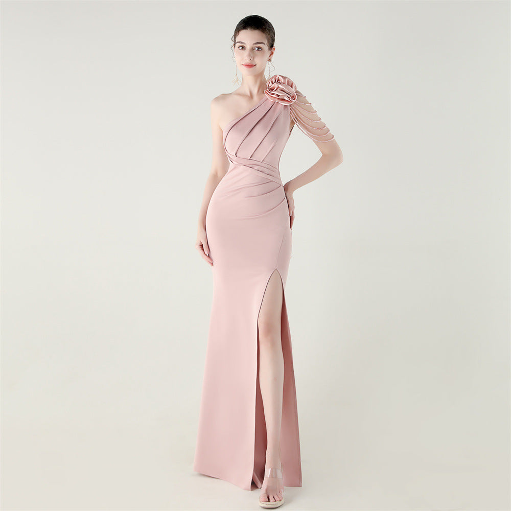 Women one-shoulder flower beaded satin sexy slit evening dress 20