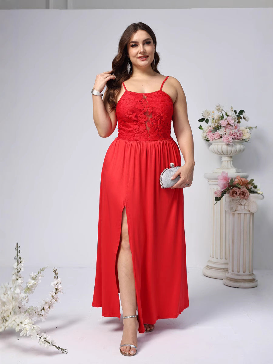 Plus Size Women Solid Sling Backless Slit Dress 4