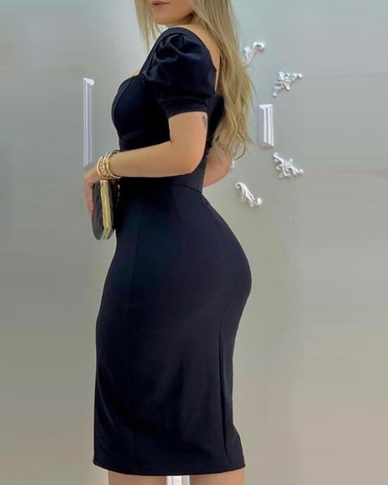 Women Sexy Bubble Sleeves Square Collar With Belt Bodycon Dress 3