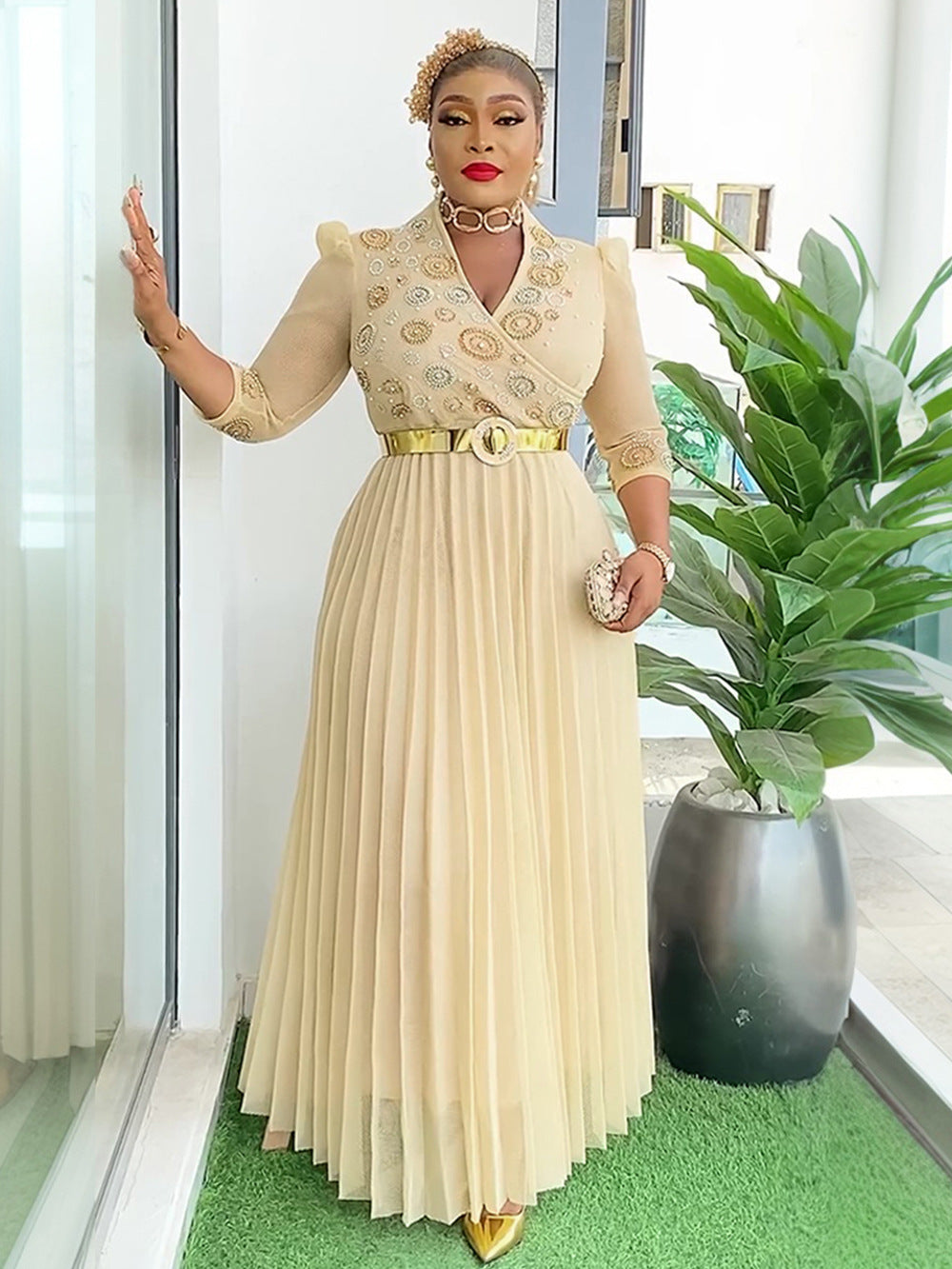 Beaded V-Neck Formal Party/Evening Dress African Plus Size Chic Elegant Dress for Women