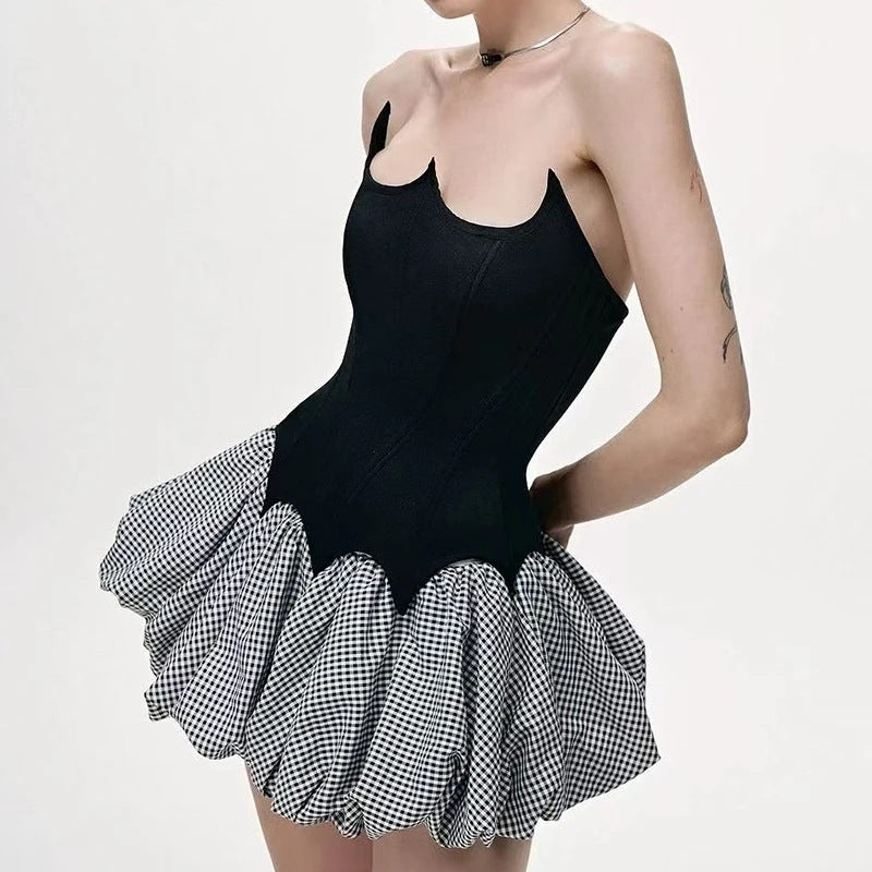 Women's Spring And Autumn Fashion Sexy Fishbone Tank Top Mini Flower Bud Plaid Short Skirt Two-Piece Set 3