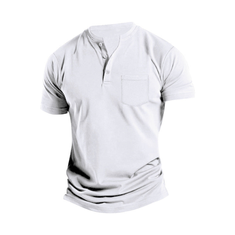 Men's Solid Button Stand Collar Short Sleeve T-shirt 19