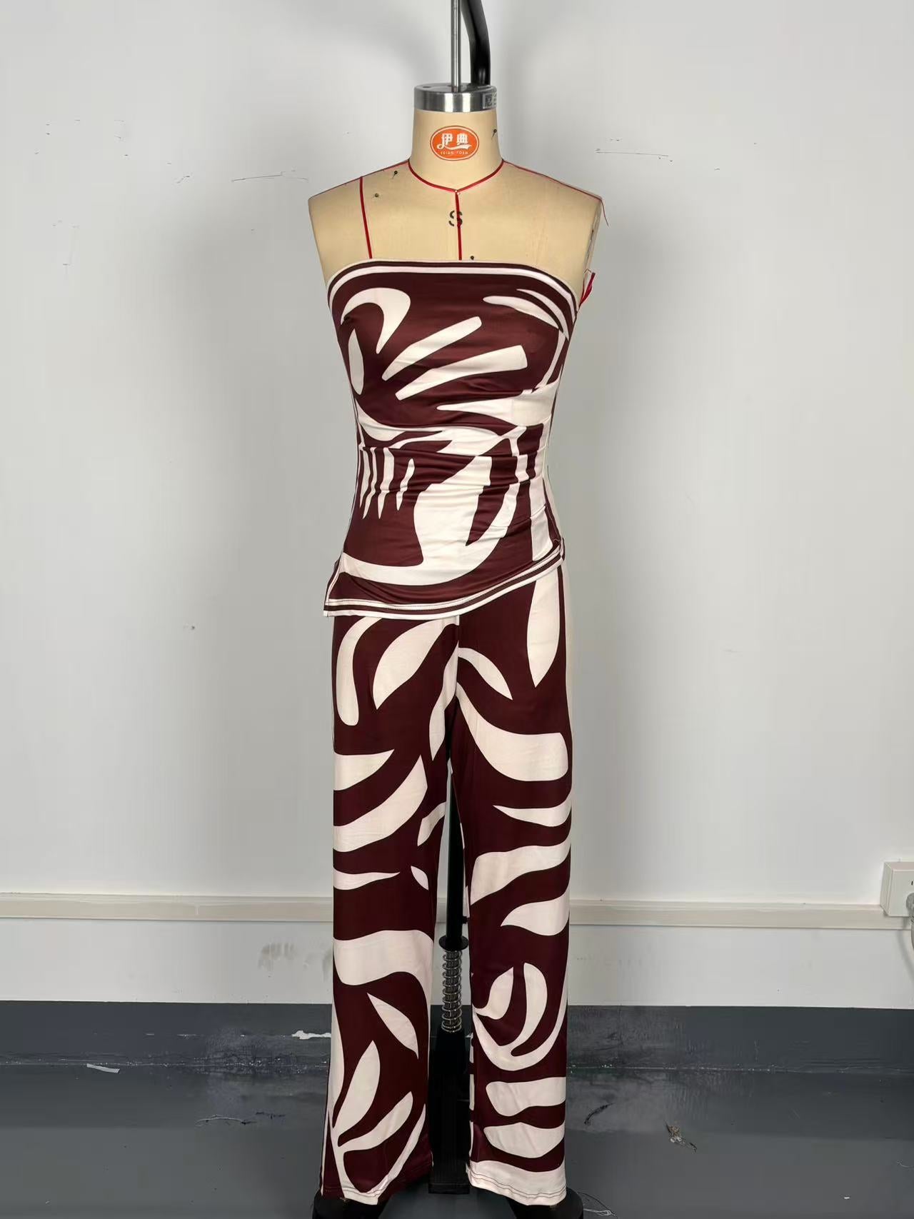 Women Sexy Slit Strapless Top Long Pants Two-piece Set 9