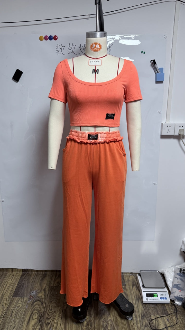 Summer Women's Solid Color Round Neck Short Sleeve Top Casual Pants Set 10