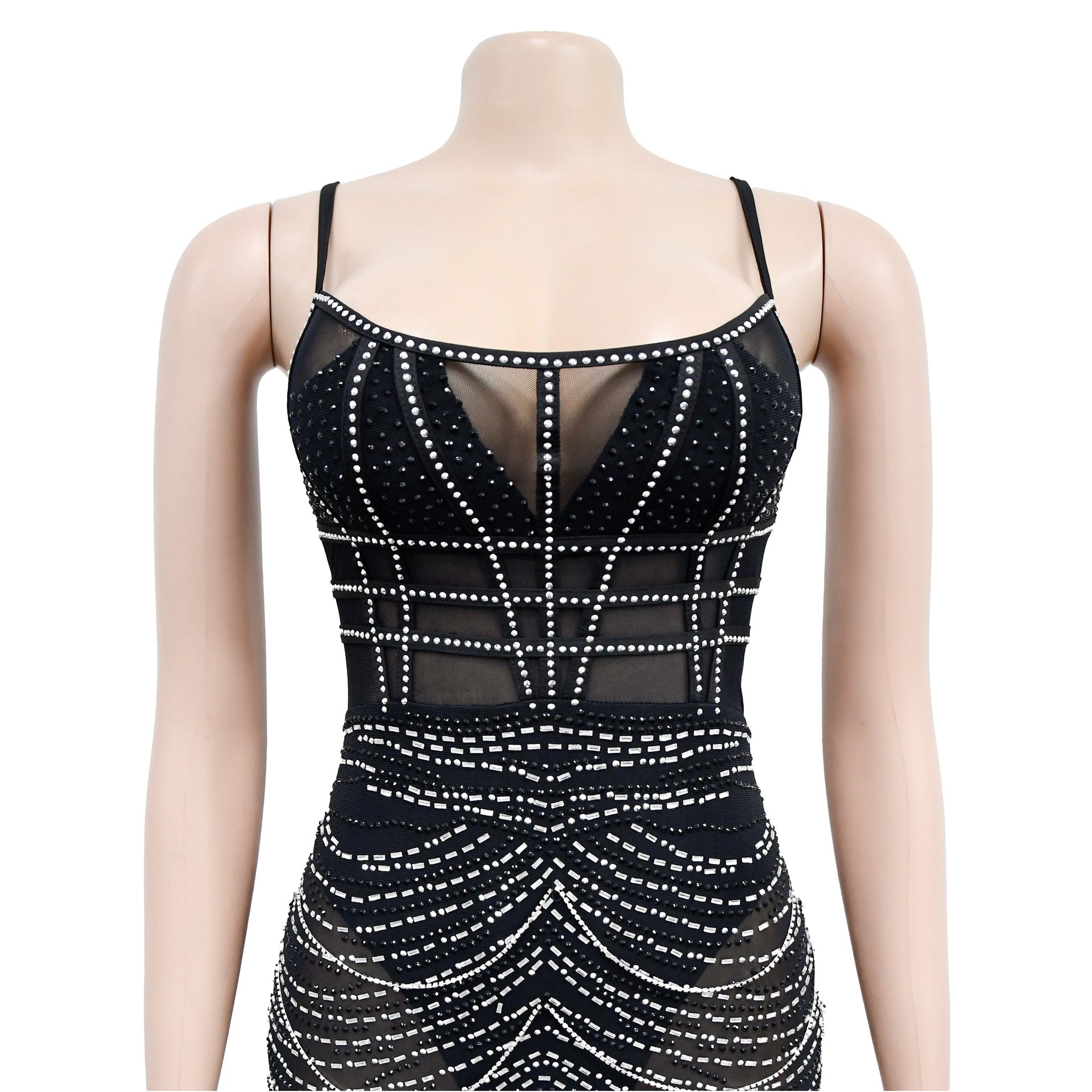Women's Fashion Solid Color Camisole Sleeveless Mesh Beaded Dress 16